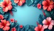 © olivemango - 제목 (Title)영문: Tropical summer background with paper cut hibiscus flowers and palm leaves on blue backdrop with copy space