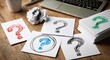 © Armin - Colorful question marks on paper, near crumpled paper and a laptop