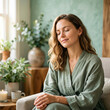 © Manjurul - Peaceful woman sitting in armchair with closed eyes enjoying morning sunlight and plants.