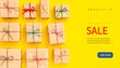 © Tori - Colorful Wrapped Gift Boxes Arranged on Bright Yellow Background with Sale Text