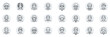 © Yehor - Diverse set of minimalistic male and female avatar icons representing various ethnicities and styles in a simple black line art design on transparent background