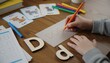 © dang - A close-up of a child's hands writing the word DOG on a piece of paper surrounded by wooden letters, flashcards, and colorful markers, focusing on early childhood education and literacy.