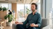 © D-point - Man meditating in modern office chair with headphones. Employee taking break for mindfulness and mental wellbeing. Relaxed professional worker practicing calm during stressful workday.