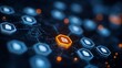 © Strother - Digital document management system network featuring a highlighted orange hexagon file node among connected blue database icons representing secure cloud storage