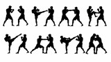 Set of black silhouettes showing people fighting and practicing various martial arts combat moves
