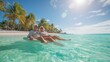 © Bonsales - Senior couple relaxing on a float, swimming in a vibrant turquoise sea next to a sandy beach with palm trees on sunny day