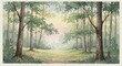 © Yusuf - Watercolor painting of a tranquil forest scene with sunlight filtering through trees