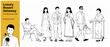 © Fernando - Resort people line illustration vector set featuring tourists in summer outfits relaxing at luxury holiday hotel getaway, minimalist black and white line art character outline drawings for travel.