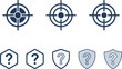 © MstBabli - Target Crosshair and Security Question Mark Vector Icon Set Featuring Aim Goals, Protection Shields, and Help Hexagons
