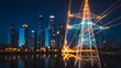 © Khan - Electric power transmission tower with illuminated smart city network