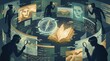 © Short World  - Silhouettes of people examining digital screens and data around a glowing book and compass