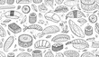 © Nur - Hand Drawn Sushi Assortment Pattern Arranged on White Background
