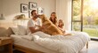 © mirki - family with dog. Joyful Caucasian family and their Golden Retriever sharing a laughing moment on a sun-drenched white bed on a weekend morning. Authentic pet parent lifestyle and family values.