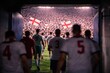 © LoomStock - England Players Walking From Tunnel Toward Stadium Pitch, England Fans Waving Flags In Packed Arena As England Team Enters Big Night Match. Football Fans. Soccer, Football World Cup Concept.