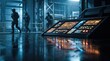 © Sophia - Futuristic control panel with glowing digital screens in a high-tech facility while tactical soldiers move through a dark industrial corridor with wet reflective floors