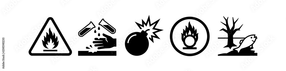 Flammable Symbol Examples Set of five GHS hazard pictograms in a black and white minimalist style ...
