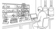 © Single Line 2019 - A scientist working on a laptop at a laboratory desk with science equipment like a microscope and test tubes in a detailed black and white line art drawing Vector, illustration