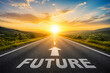 © Formoney - Road leading toward sunrise with word future painted on asphalt