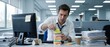 © keks20034 - Exhausted businessman with messy hair building a sticky note tower surrounded by desk paperwork