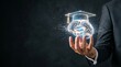 © aukkasit - Businessman Holding Digital Human Brain with Graduation Cap for Education