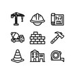 © Nishat Begum - Construction icon set with 9 linear vector elements, building industry symbols, architectural project and engineering equipment icons