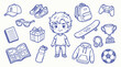 © zainab - Collection of cute cartoon drawings of items associated with a young boy's lifestyle, including clothing, accessories, and hobbies.