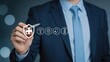 © PixelCraftHub - Businessman in suit drawing health insurance shield icon and medical symbols with pen, healthcare coverage, life protection, wellness program, corporate benefits, employee safety,