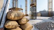 © savittree - Construction Site with Building Materials and Tools, Foundations, and Structure Elements Under Bright Sky