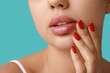 © Pixel-Shot - Young woman with beautiful lips and stylish manicure on color background, closeup