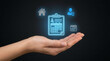 © SYATRI RAWU - Human hand holding digital icons for real estate scheduling, property management services, and professional appointment booking on dark background.