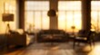 © DreamGen Works - Blurred living room interior background, out of focus home lounge with warm sunset lighting, cozy modern apartment room with soft bokeh