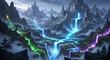 © Tika - Digital illustration of a fantastical mountain range with vibrant, glowing neon pathways winding through rugged terrain and misty valleys under a dramatic, cloudy sky.