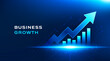 © StudioPixel2 - Business growth technology blue background with rising arrow and glowing bar chart vector. Digital financial success concept for presentation, banner, analytics, and corporate reports