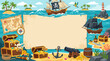 © Maftuh - Adventure pirate flat vector background, treasure chests, maps and ships around borders, empty center for promotions
