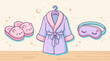 © PA - Cute cartoon illustration of cozy sleepwear set including purple bathrobe pink cat slippers and sleep mask.