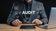 © MediaStockPro - Professional auditor in suit working on tablet with financial audit icons and graphs floating, symbolizing accounting verification, tax compliance, risk management, and corporate