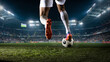 © Lustre Art Group  - Soccer player stepping on ball during night match in stadium. Concept of ball control, tactical pause, sport footwear advertising, match promo, and team strategy visuals.