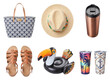 © Sarah - Diverse collection of summer vacation and beach accessories, featuring patterned tote, straw fedora, sandals.