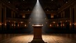 © lin - lectern. An empty lectern on a grand hall stage under a single spotlight, atmospheric. event programs, museum guides, designed for cultural heritage projects and event programs, supports education.