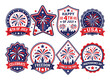 © Unique Texture - Fourth of july fireworks badge collection with patriotic ribbons and typography