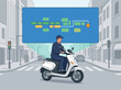 © Vector Factory - A delivery driver navigates city streets using a routing SaaS platform on a tablet. Modern urban logistics, vibrant colors, and a clear route visualization.