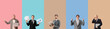 © Pixel-Shot - Diverse young businessmen with documents and laptop on colorful backgrounds