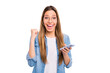 © deagreez - Photo of pretty enthusiastic nice glad optimistic screaming funny lady raising fist up isolated grey background