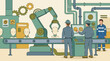 © Pixelply - Industrial automation: robotic arm, conveyor belt, and factory workers in production.