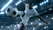 © Nataliya - Professional anonymous soccer player performing a powerful airborne kick inside an illuminated stadium, world cup championship energy concept, faceless, defocused cheering crowd ,