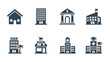 © Sakhawat Hossen  - Real estate and public city buildings solid glyph icon set including bank hospital school hotel shop house vector illustration