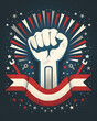 © ke - Flat vector American labor day fist and wrench featuring dark background space for workers union celebration industrial brand promotional poster