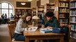 © Felippe Lopes - Two teenagers studying together at a wooden table in a library filled with bookshelves and natural light from a large arched window