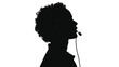 © MR CREATOR - Person silhouette with curly hair wearing a headset looks upward while engaged in a professional dialogue against a bright white background to demonstrate modern remote communication and connectivity.