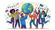 © huda - Diverse group of people celebrating with a large globe surrounded by colorful flags and confetti on a white background with a joyful mood.